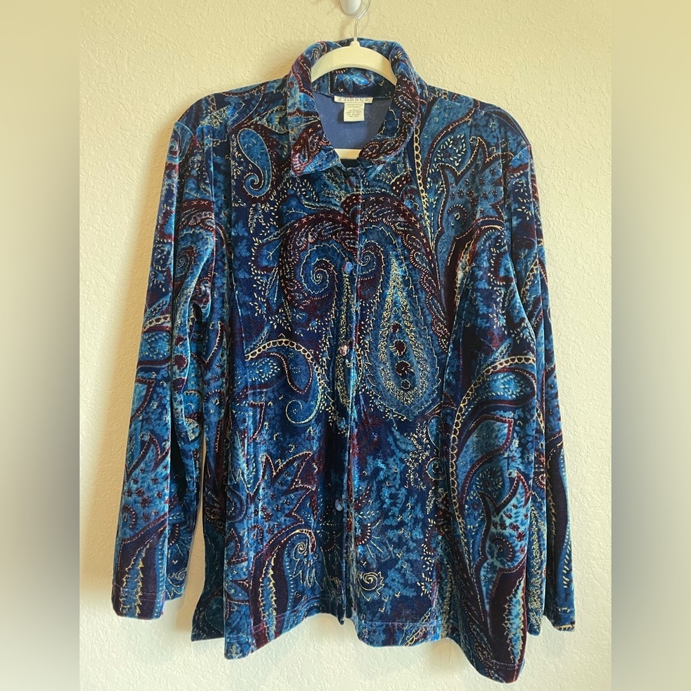 Vintage 80s 90s Blue Paisley Velvet-like Button Up sz Large